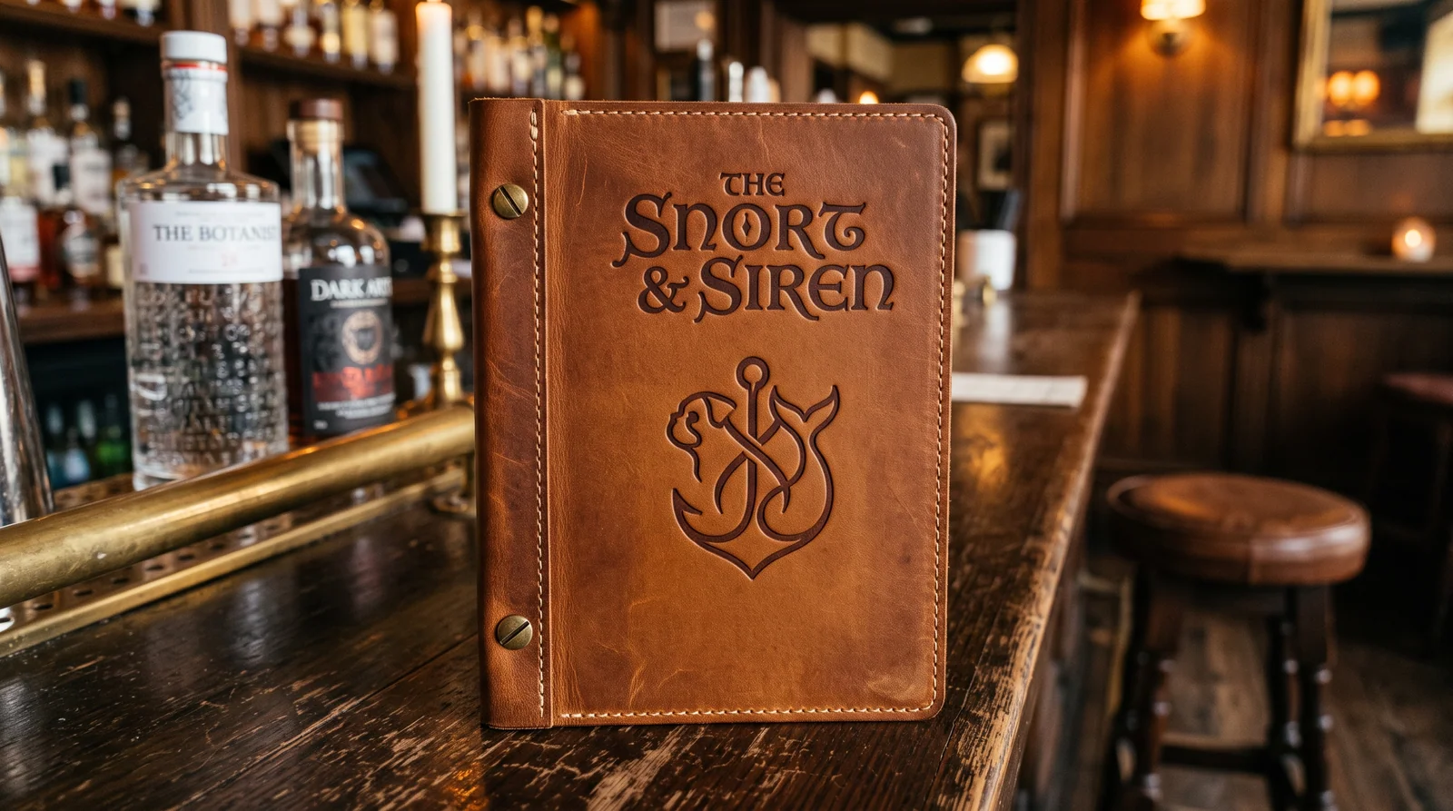 Menu-cover concept: a leather-bound Snort and Siren menu on a warmly lit wooden bar
